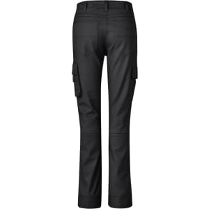 Black women's rugged cargo pants featuring multiple side pockets and a fitted design. Back view displayed.