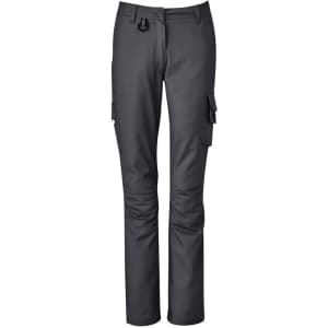Rugged cooling cargo pants in dark grey, featuring multiple side pockets and a fitted design. Includes branding.