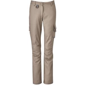 A pair of women's cargo pants in a khaki colour, featuring pockets and a fitted design.