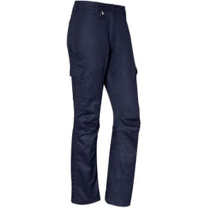 Navy women's rugged cargo pants featuring multiple pockets and a button closure. They have a logo on the fabric.