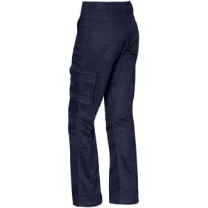 A pair of women's rugged cargo pants in navy blue, featuring multiple pockets and a relaxed fit.