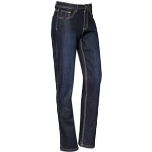 Womens stretch denim work jeans in dark blue with contrasting stitching, featuring a slim fit design.