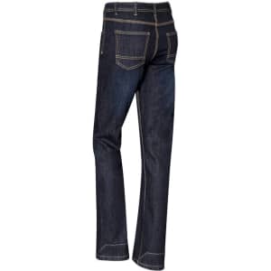 A pair of women's stretch denim work jeans in dark blue, featuring back pockets and contrasting stitching.