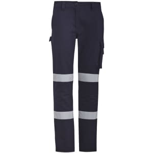 Navy work pants featuring reflective stripes, side pockets, and a logo. Ideal for safety-conscious workwear.