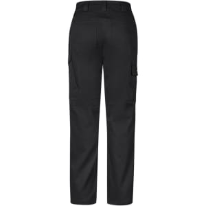 A pair of women's black cargo pants featuring multiple pockets and a snug fit. The design includes a logo.