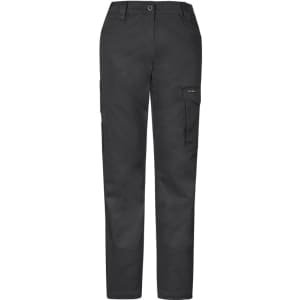 Black women's essential basic stretch cargo pants with pockets and a logo.