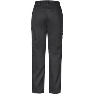 A pair of women's black cargo pants featuring side pockets and a fitted design. The back view highlights the pant's structure.