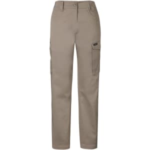 Khaki women's essential basic stretch cargo pants with multiple pockets and a logo branding on the side.