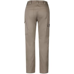 A pair of women's cargo pants in a khaki colour, showcasing back pockets and a logo.