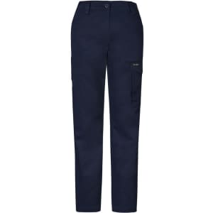 A pair of navy women's stretch cargo pants featuring a side pocket and a logo.