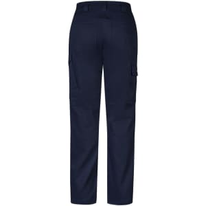 A pair of navy women's cargo pants featuring multiple pockets and a logo on the back.