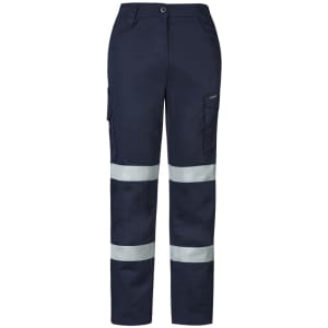 Navy cargo pants featuring reflective stripes and multiple pockets, with a logo on the front.