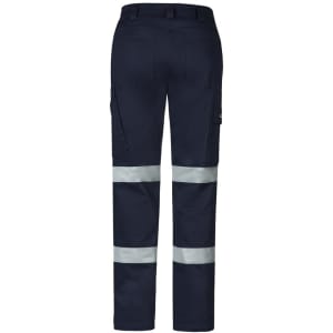 A pair of women's navy cargo pants with reflective stripes and multiple pockets, featuring a logo.