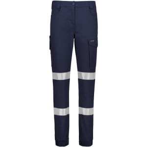 Navy cargo pants with cuffed hems and reflective stripes, featuring pockets and a logo.
