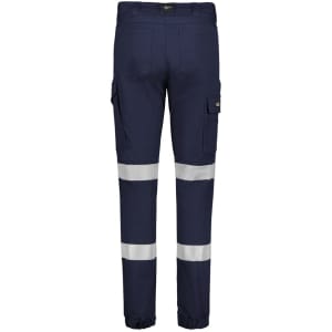 A pair of navy cargo pants with reflective stripes and cuffs, featuring side pockets and a logo tag.