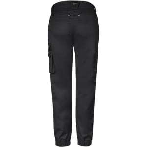 A pair of black women's work pants with a cargo style and elastic cuffs, featuring a logo on the back.