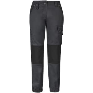 Women's streetwear tough pants in dark grey with black panel accents and a cargo pocket. Features a logo.