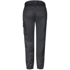 A pair of women's work pants in black with a fitted waistband and cargo pockets. Features branding on the back.