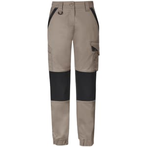 A pair of women's work pants in beige with black panels, featuring pockets and an elasticated cuff.