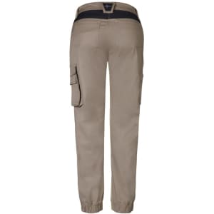 Women's khaki work pants featuring a comfortable waistband and cargo pockets at the back. Includes branding on the waist.