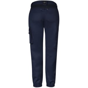 A pair of women's navy work pants featuring a fitted design and side cargo pockets, with a visible logo on the back.