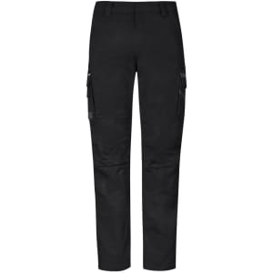 Black work pants featuring cargo pockets and a logo, designed for durability and comfort.