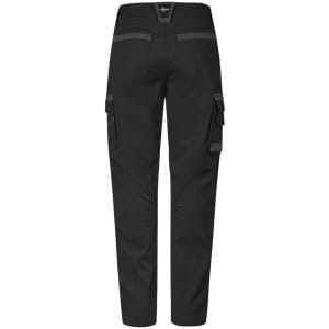 A pair of black work pants with side pockets and a logo on the back.