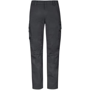 A pair of dark grey work pants featuring cargo pockets and a brand logo. Suitable for workwear.