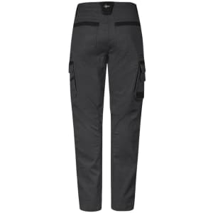 A pair of grey work pants with multiple pockets and a branded label on the back.