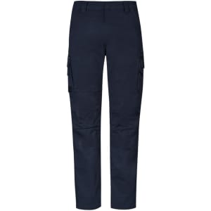 Navy work pants featuring multiple cargo pockets and a button closure. Includes a logo on the waistband.