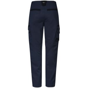 A pair of navy work pants featuring side pockets and a logo on the waistband.