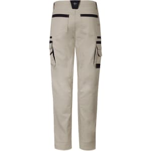 Light beige work pants featuring multiple pockets and a logo, designed for durability and practicality.