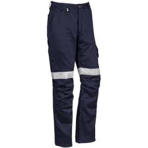 Navy work pants featuring a reflective stripe and multiple pockets, designed for rugged use. Includes branding.