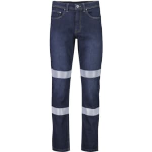 Men's blue stretch jeans featuring reflective strips on the legs, designed for workwear use and equipped with a logo.