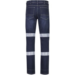 Men's bio motion taped stretch jeans in dark denim, featuring reflective stripes and a logo on the waistband.