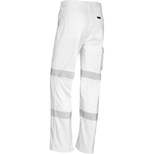 White work pants featuring reflective strips and a logo, designed for durability and comfort.