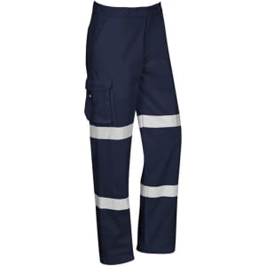 Navy work pants featuring reflective stripes and a side cargo pocket, designed for durability and functionality.