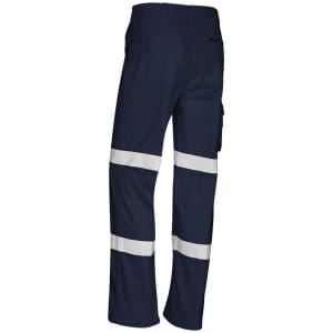 A pair of navy work pants with white reflective stripes and a pocket, featuring a logo.