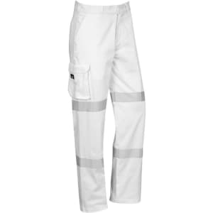 White work pants with reflective striping and a cargo pocket, featuring a logo on the side.