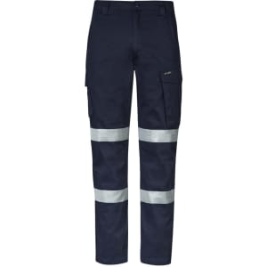 Men's essential stretch cargo pants in navy with reflective stripes and a logo on the side.