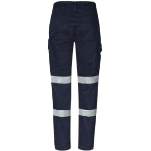 A pair of navy cargo pants featuring reflective strips and multiple pockets. The back view shows a structured design with a waistband.