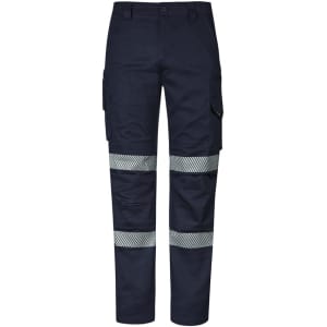 Navy blue work pants featuring reflective striping and cargo pockets, designed for rugged use. Includes branding.