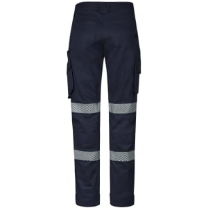 Men's rugged work pants in navy with reflective tape, featuring cargo pockets and a logo.