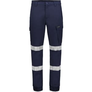 Navy cargo pants featuring cuffed hems and reflective stripes, with a side pocket and a logo on the waistband.