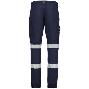 Navy cargo pants with cuffed ankles, featuring reflective stripes and multiple pockets, and a logo on the waistband.