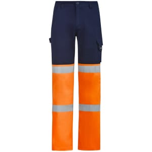 Hi-vis taped pants in navy and orange, featuring reflective strips and pockets, with a logo on the side.