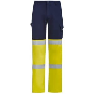 Hi-vis work pants in navy blue and yellow, featuring reflective tape and side pockets, with a logo present.