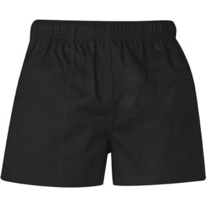 Mens rugby shorts in black, featuring an elastic waistband and a simple design. Includes branding logo.