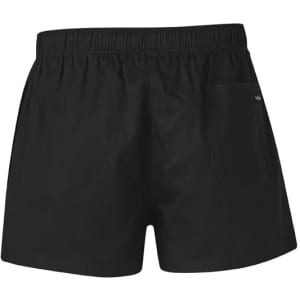 Black men's rugby shorts with an elastic waistband and a single back pocket, featuring a logo.