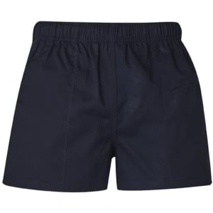Navy blue men's rugby shorts with an elastic waistband, featuring a logo on the front.